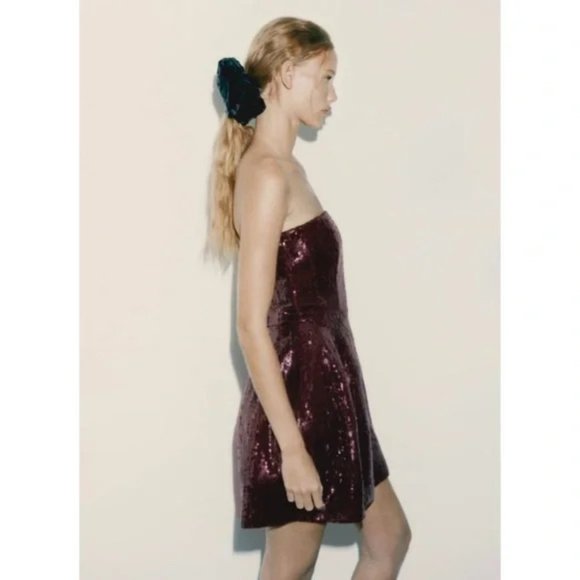ZARA LIMITED EDITION SEQUINS MINI DRESS WINE BURGUNDY MAROON RED.  SZ M - Picture 4 of 4